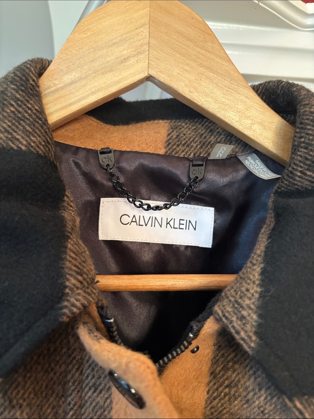 Calvin Klein Black & Tan Plaid Pea Coat